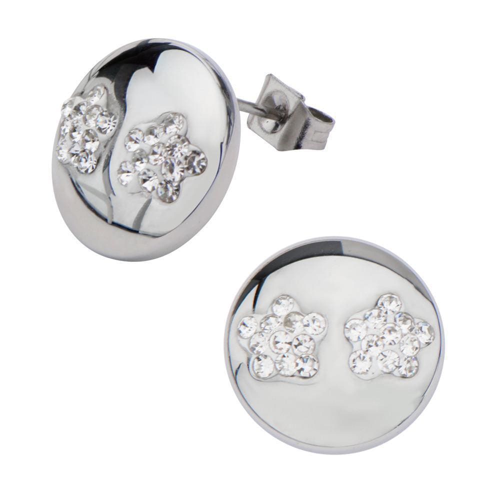 INOX JEWELRY Ladies Earrings Silver Tone Stainless Steel with Clear Pave Set Crystal Floral Studs SSEL501