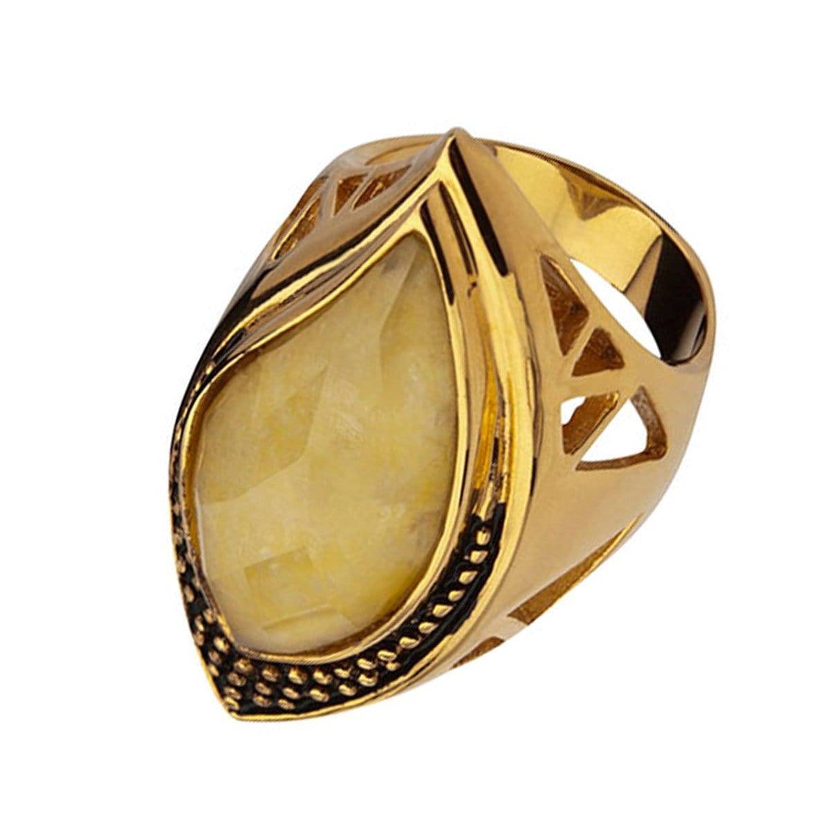 INOX JEWELRY Ladies Rings Golden Tone Stainless Steel Large Tear Drop Yellow Jade Crystal Ring