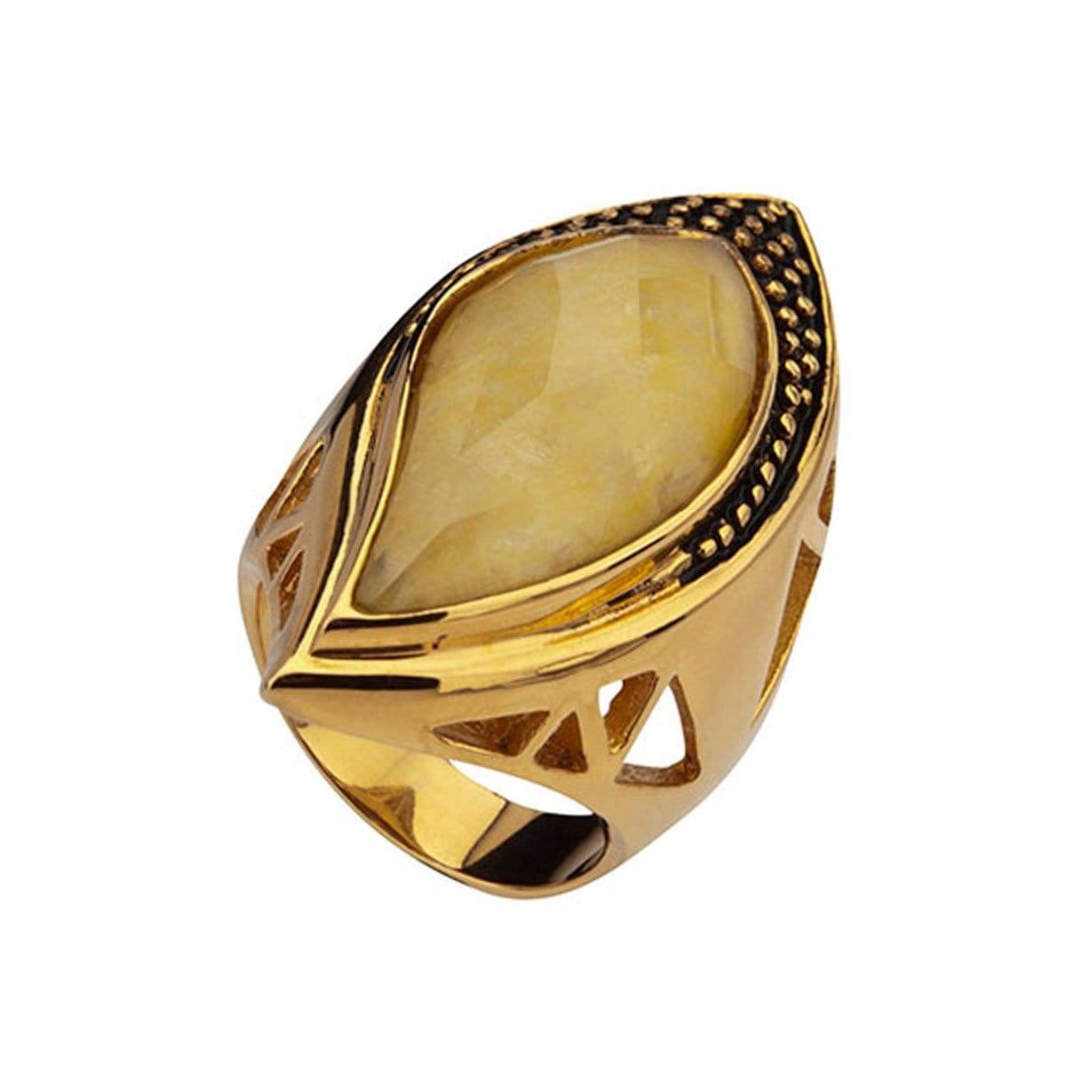 INOX JEWELRY Ladies Rings Golden Tone Stainless Steel Large Tear Drop Yellow Jade Crystal Ring