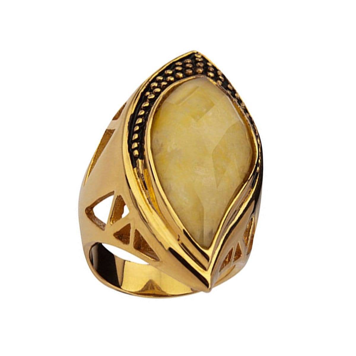 INOX JEWELRY Ladies Rings Golden Tone Stainless Steel Large Tear Drop Yellow Jade Crystal Ring