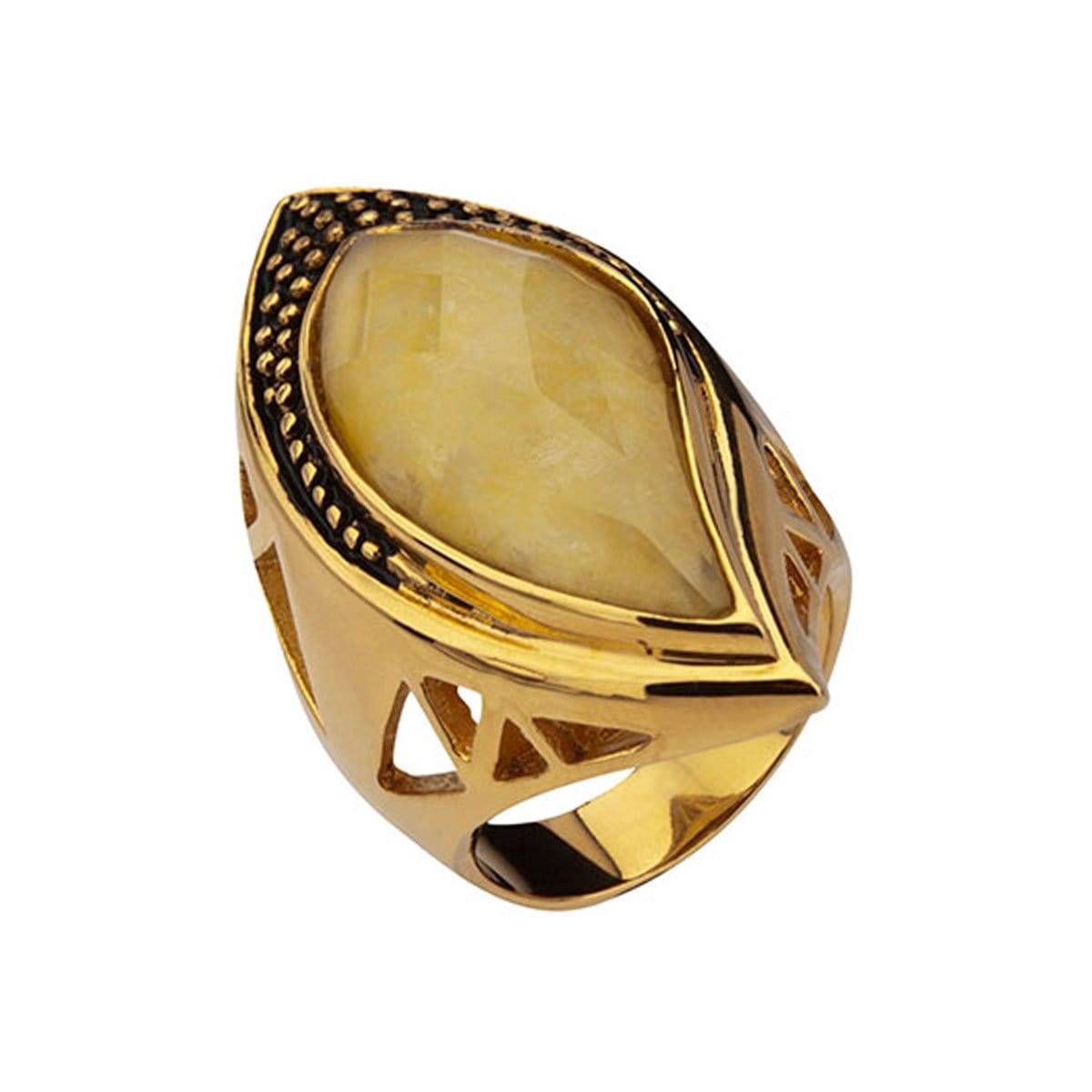 INOX JEWELRY Ladies Rings Golden Tone Stainless Steel Large Tear Drop Yellow Jade Crystal Ring