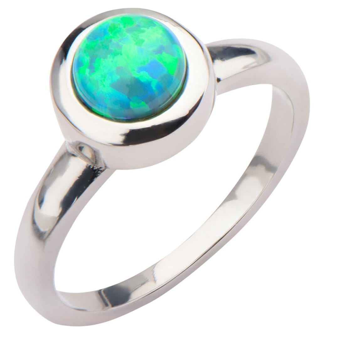 INOX JEWELRY Ladies Rings Silver Tone Stainless Steel 6 mm Bezel Set Round Artificial Green Opal Ring
