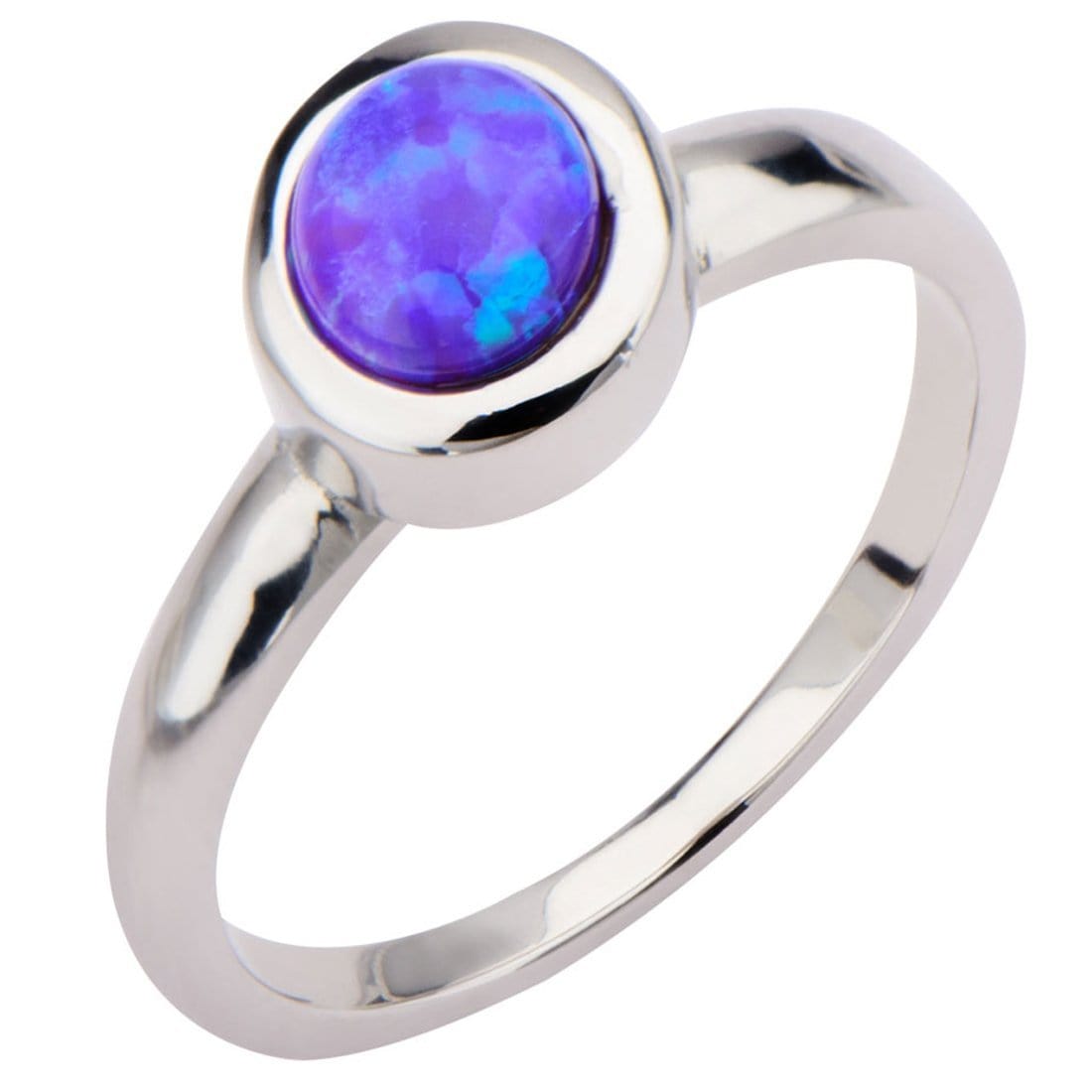 INOX JEWELRY Ladies Rings Silver Tone Stainless Steel 6 mm Bezel Set Round Artificial Purple Opal Ring