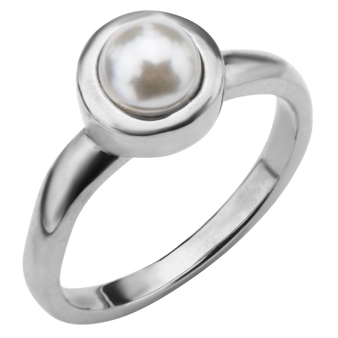 INOX JEWELRY Ladies Rings Silver Tone Stainless Steel 6mm Bezel Set Pearl Ring