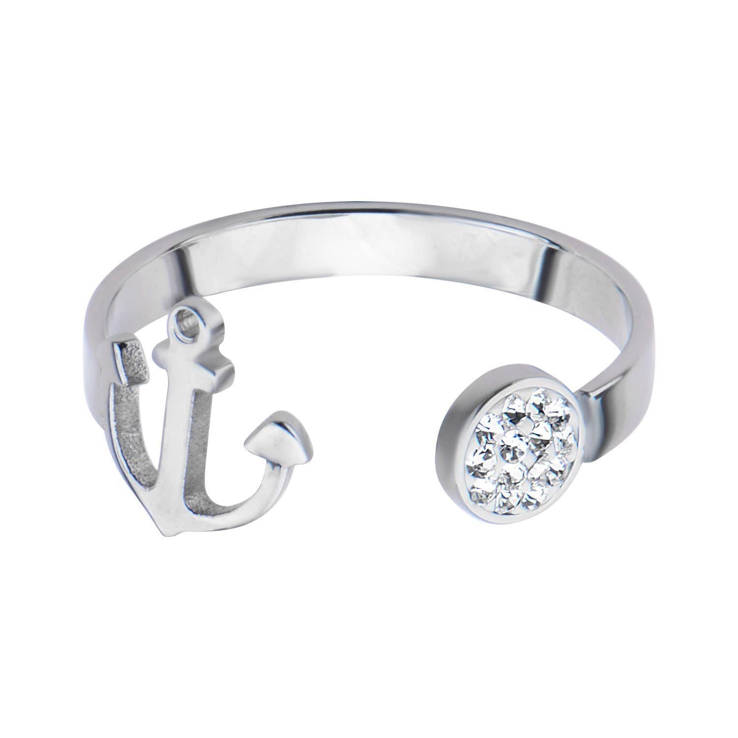 INOX JEWELRY Ladies Rings Silver Tone Stainless Steel Anchor and Crystal Disc Open Ring