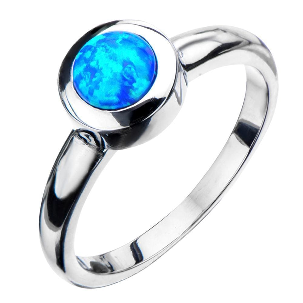 INOX JEWELRY Ladies Rings Silver Tone Stainless Steel Bezel Set Round Blue Opal Ring