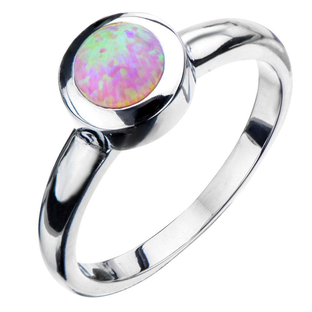 INOX JEWELRY Ladies Rings Silver Tone Stainless Steel Bezel Set Round Pink Opal Ring