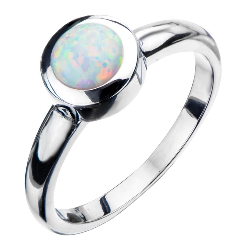 INOX JEWELRY Ladies Rings Silver Tone Stainless Steel Bezel Set Round White Opal Ring