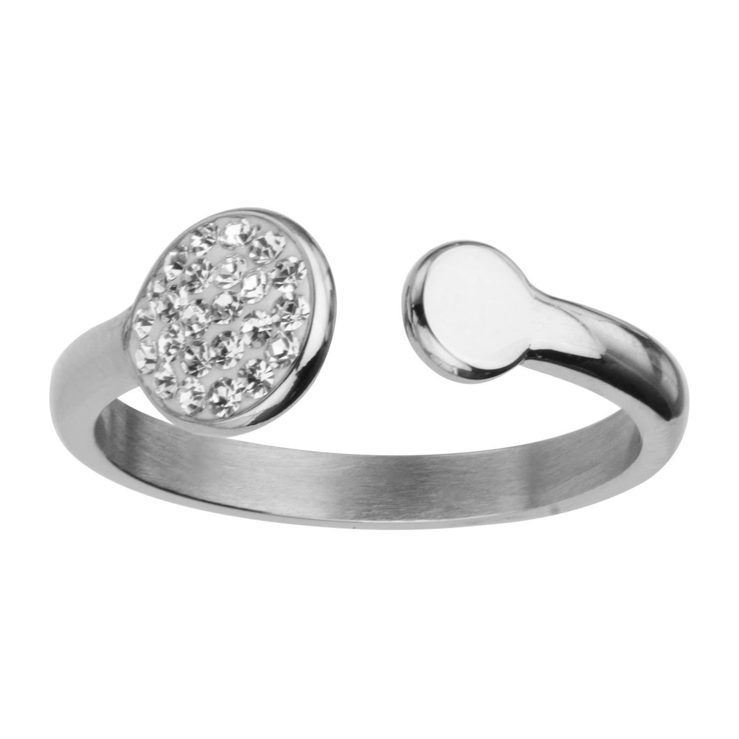 INOX JEWELRY Ladies Rings Silver Tone Stainless Steel Plain and Crystal Disc Open Ring