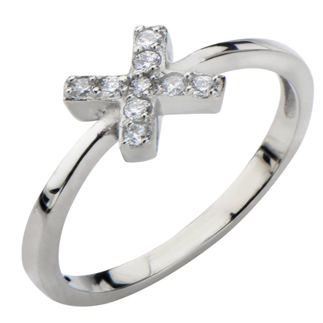 INOX JEWELRY Ladies Rings Silver Tone Stainless Steel Twinkle White CZ Classic X Ring