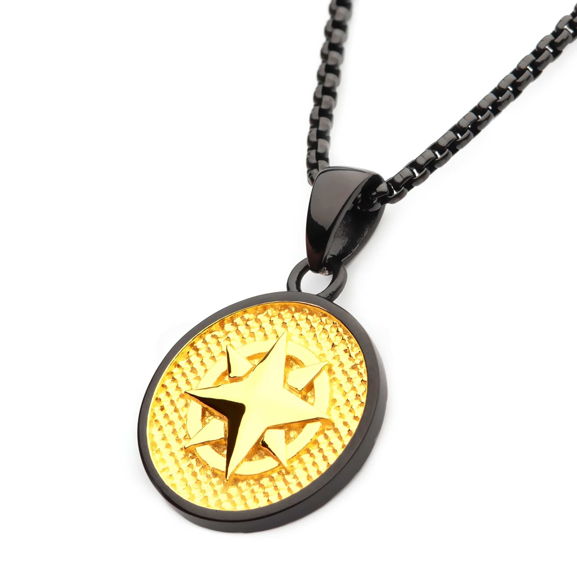 INOX JEWELRY Pendants 18K Gold Ion Plated Black Tone Stainless Steel Wayfinder Compass Medallion Pendant with Box Chain SSP17420NK