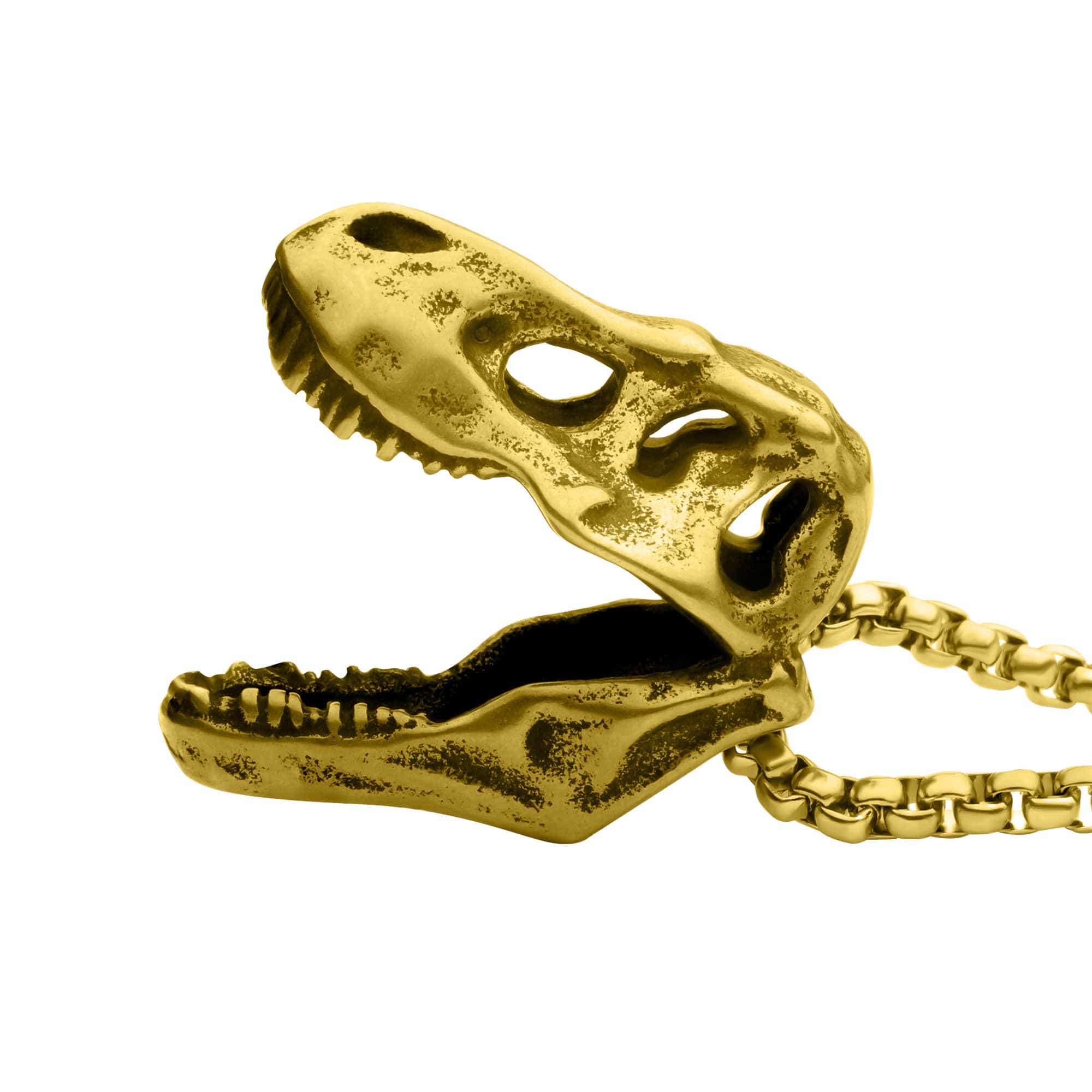 18K Gold Plated Stainless Steel T-Rex Skull Pendant with Chain