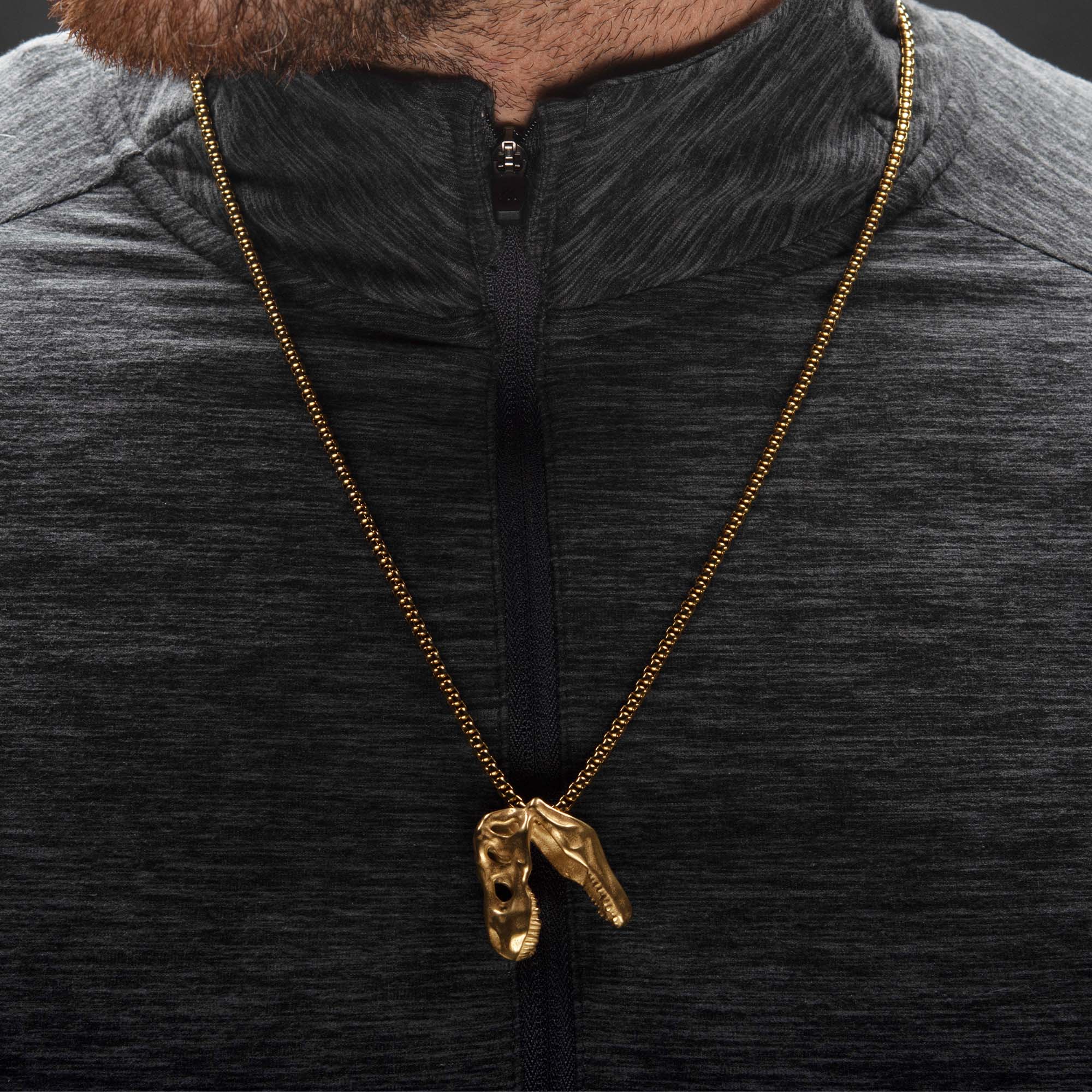 18K Gold Plated Stainless Steel T-Rex Skull Pendant with Chain