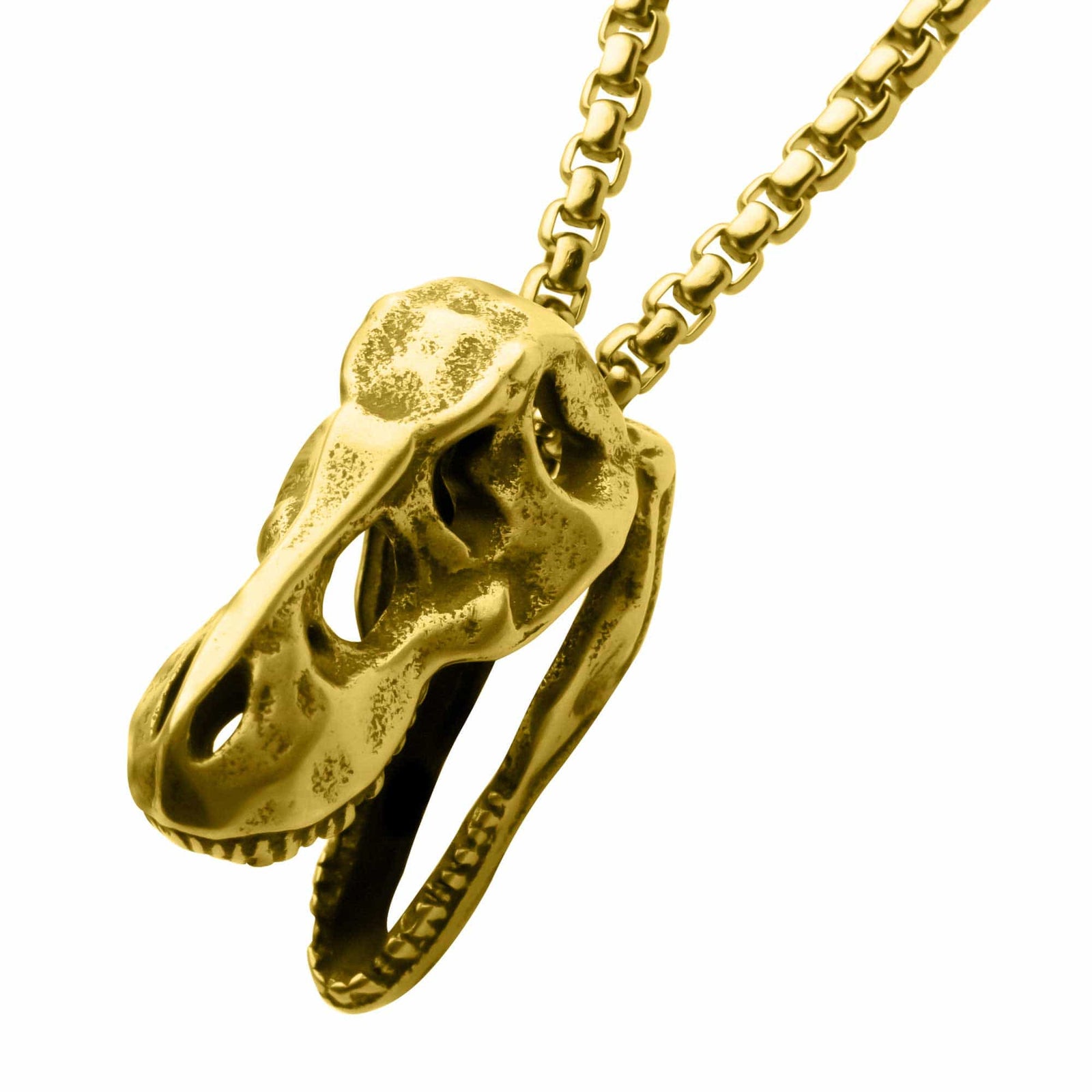 INOX JEWELRY Pendants 18K Gold Ion Plated Distressed Matte Stainless Steel T-Rex Skull Pendant with Chain SSP057GPNK
