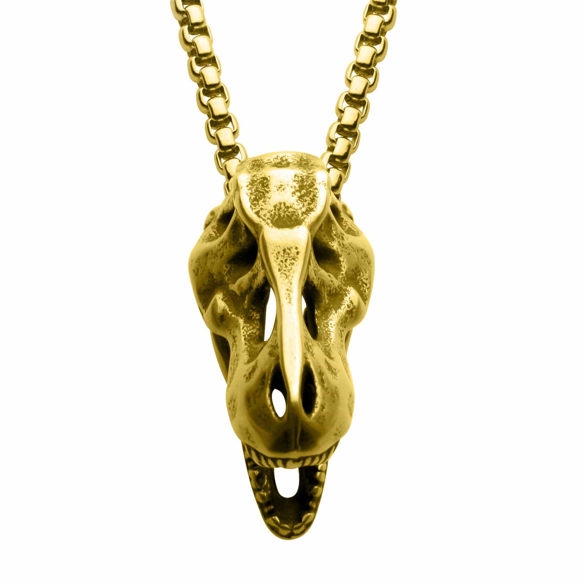 INOX JEWELRY Pendants 18K Gold Ion Plated Distressed Matte Stainless Steel T-Rex Skull Pendant with Chain SSP057GPNK