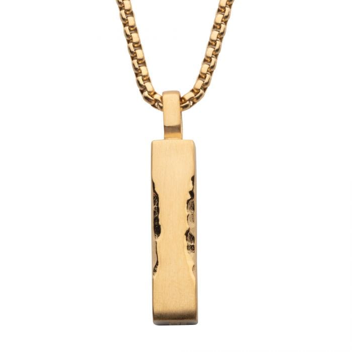 INOX JEWELRY Pendants 18K Gold Ion Plated Matte Stainless Steel Chiseled Engravable Drop Pendant with Box Chain SSP15441NKGP