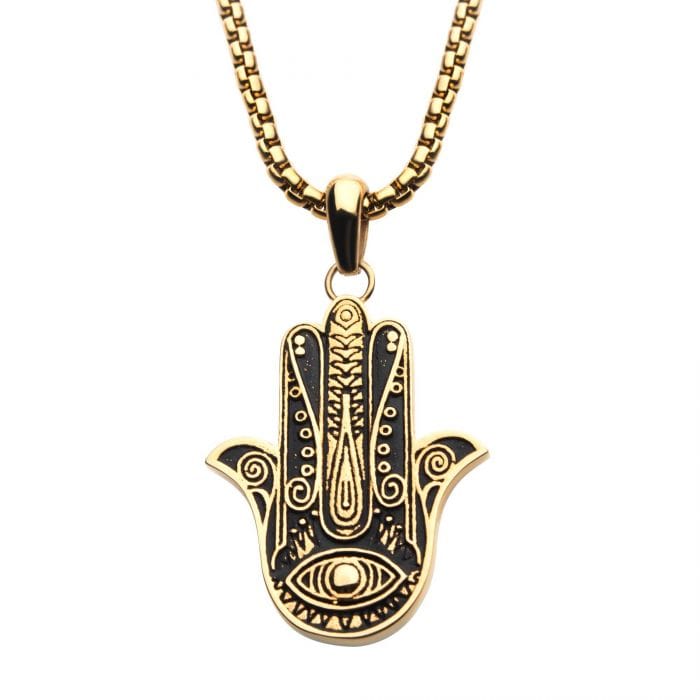 INOX JEWELRY Pendants 18K Gold Ion Plated Stainless Steel Hamsa Pendant with Chain SSP22662GPNK