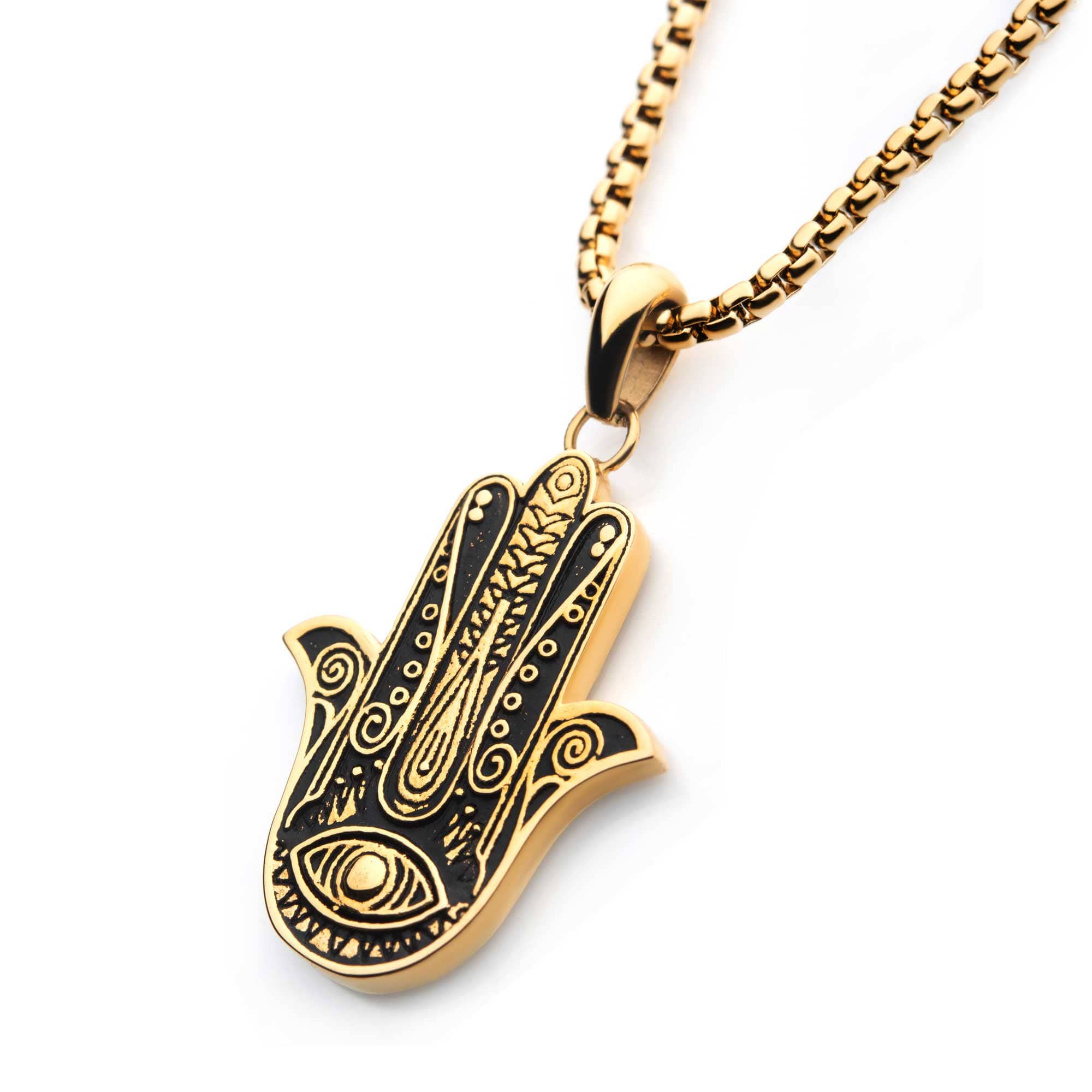 INOX JEWELRY Pendants 18K Gold Ion Plated Stainless Steel Hamsa Pendant with Chain SSP22662GPNK