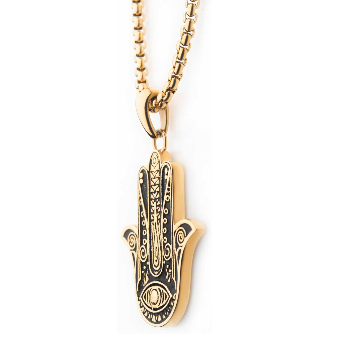 INOX JEWELRY Pendants 18K Gold Ion Plated Stainless Steel Hamsa Pendant with Chain SSP22662GPNK