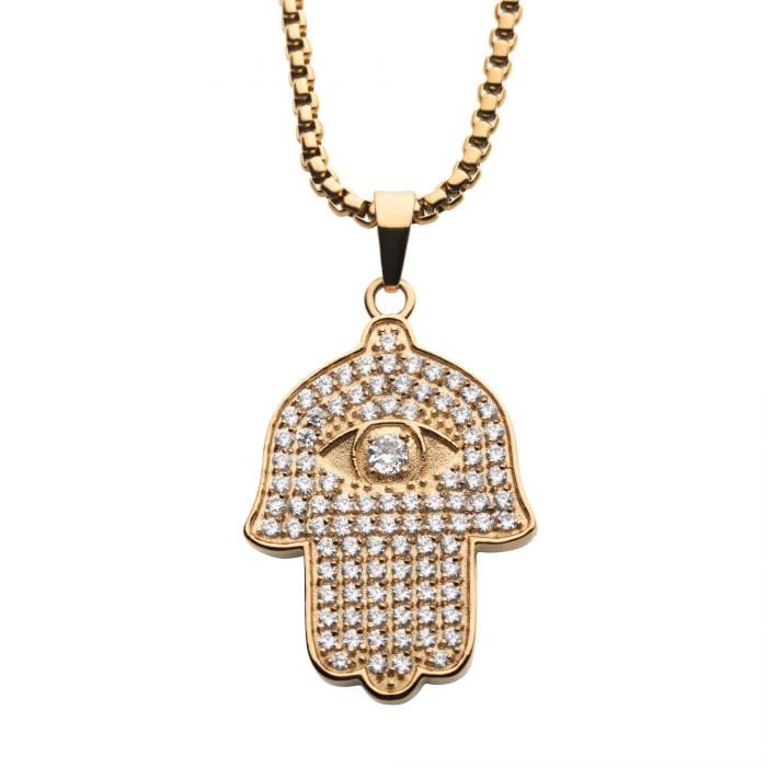 INOX JEWELRY Pendants 18K Gold Ion Plated Stainless Steel Prong Set Clear AAA CZ Hamsa Pendant with Chain SSP22668GPNK