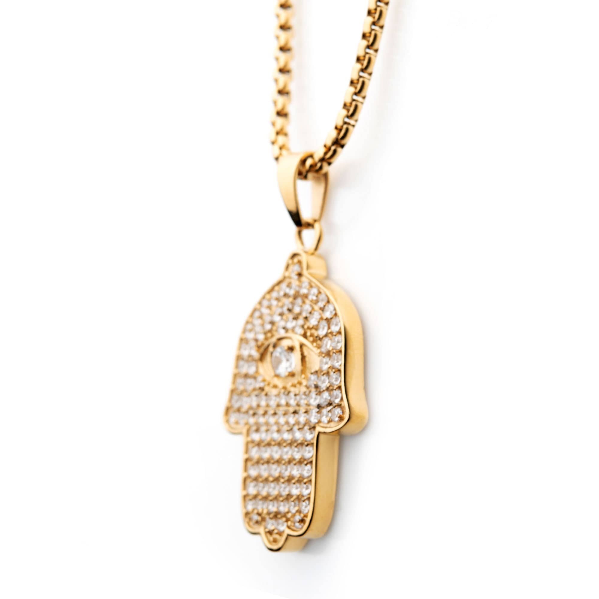 INOX JEWELRY Pendants 18K Gold Ion Plated Stainless Steel Prong Set Clear AAA CZ Hamsa Pendant with Chain SSP22668GPNK