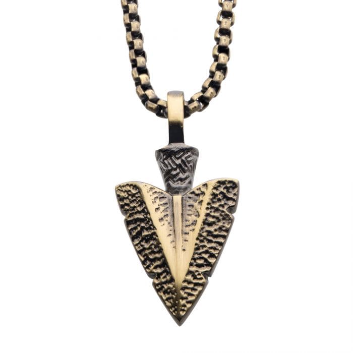 INOX JEWELRY Pendants Antiqued Finish Gold Stainless Steel Arrowhead Pendant with Chain SSP22628NKGP