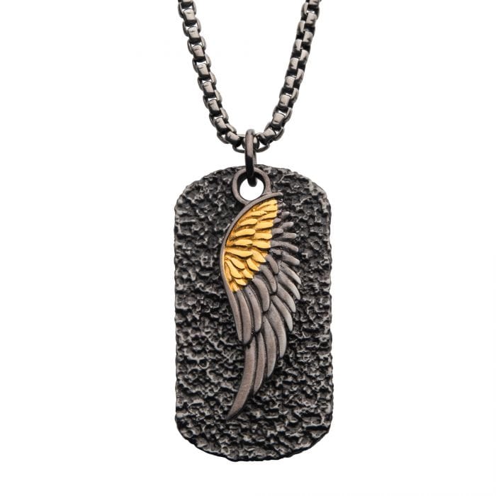 INOX JEWELRY Pendants Antiqued Finish Gunmetal and Golden Stainless Steel Angel Wing Hammered Dog Tag Pendant SSP22693NK