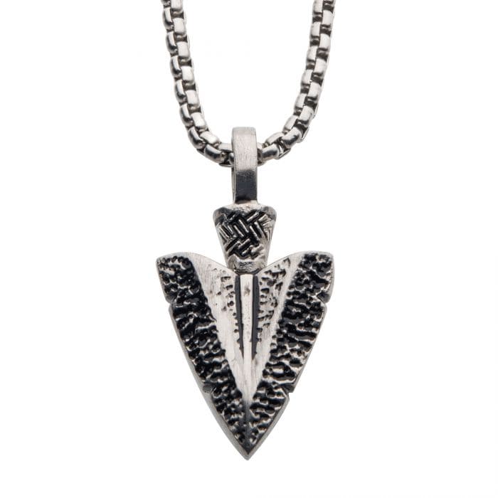 INOX JEWELRY Pendants Antiqued Finished Silver Stainless Steel Arrowhead Pendant with Bold Box Chain SSP22628NK