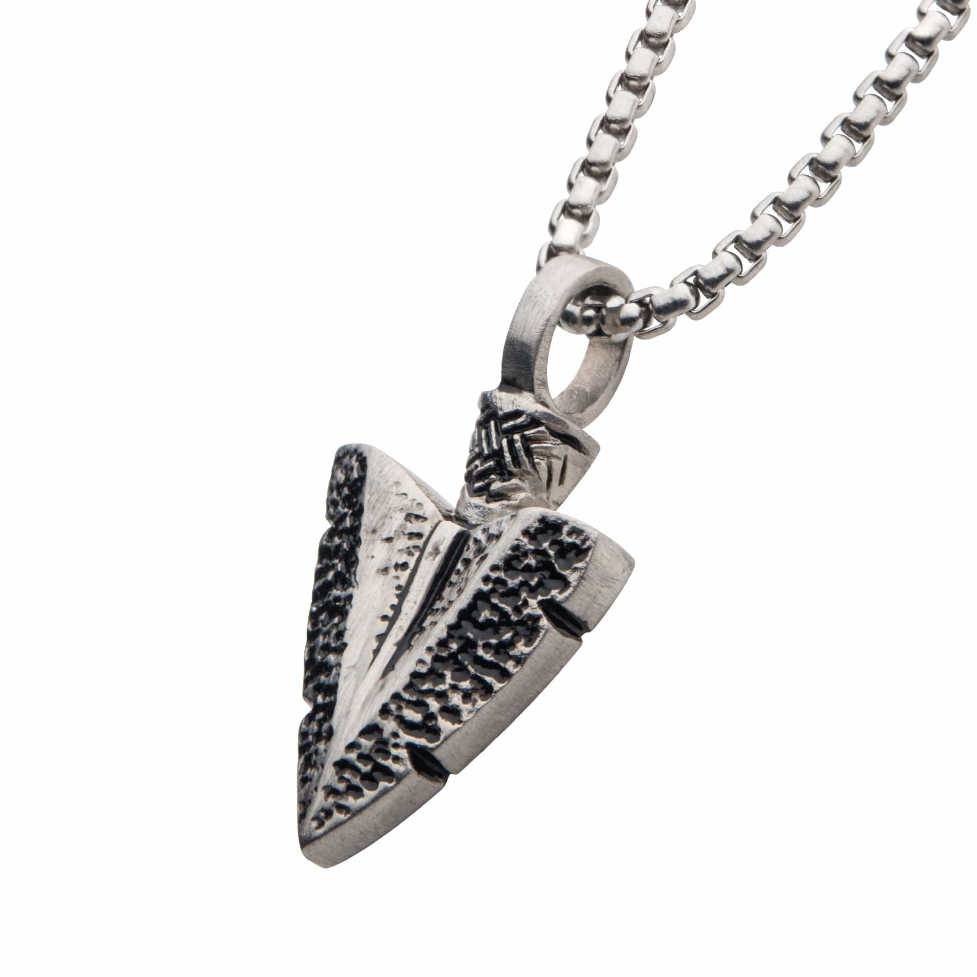 INOX JEWELRY Pendants Antiqued Finished Silver Stainless Steel Arrowhead Pendant with Bold Box Chain SSP22628NK