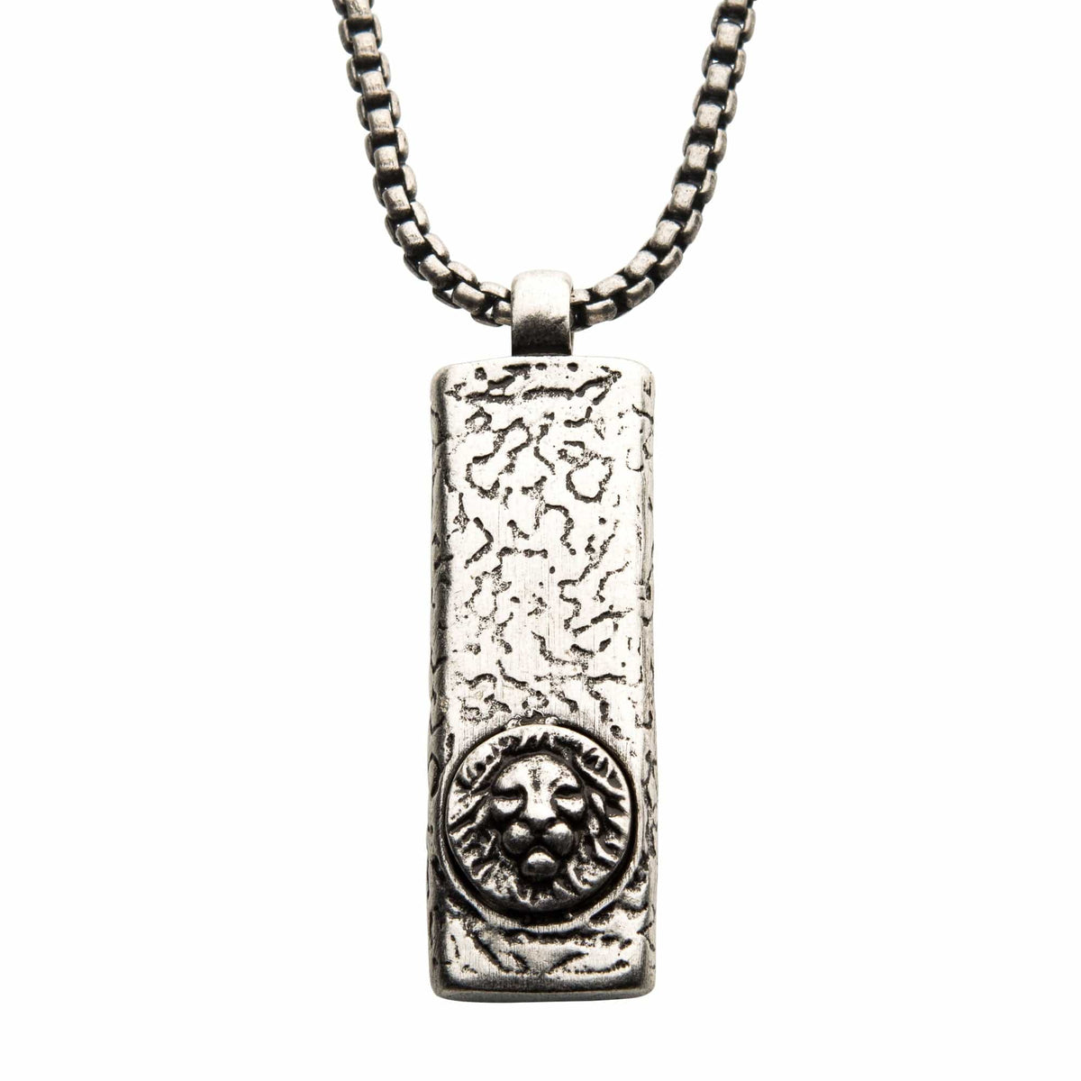 INOX JEWELRY Pendants Antiqued Silver Tone Stainless Steel Oxidize Finish Lion Head Inlaid Tag Pendant with Chain SSP13645ASNK