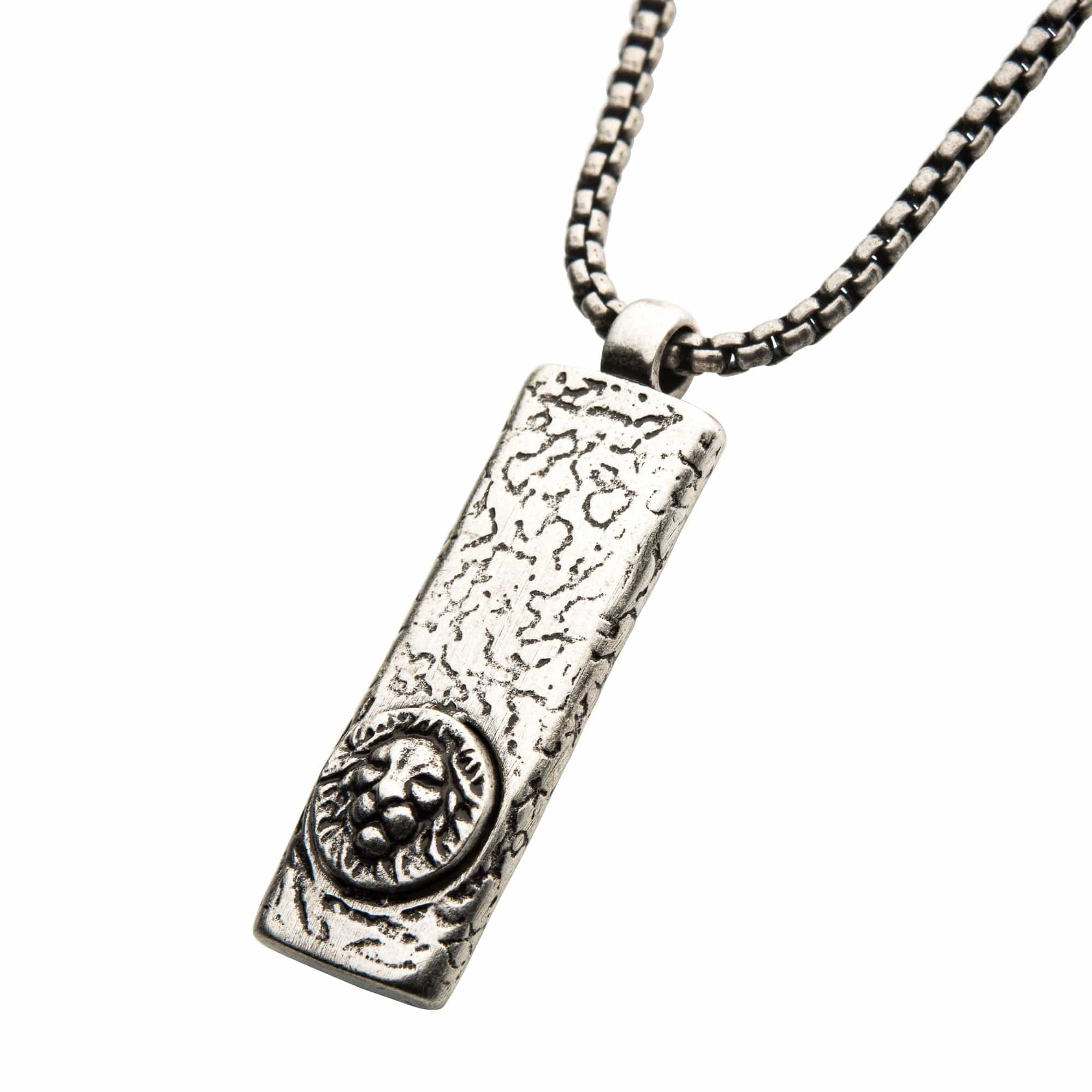 INOX JEWELRY Pendants Antiqued Silver Tone Stainless Steel Oxidize Finish Lion Head Inlaid Tag Pendant with Chain SSP13645ASNK
