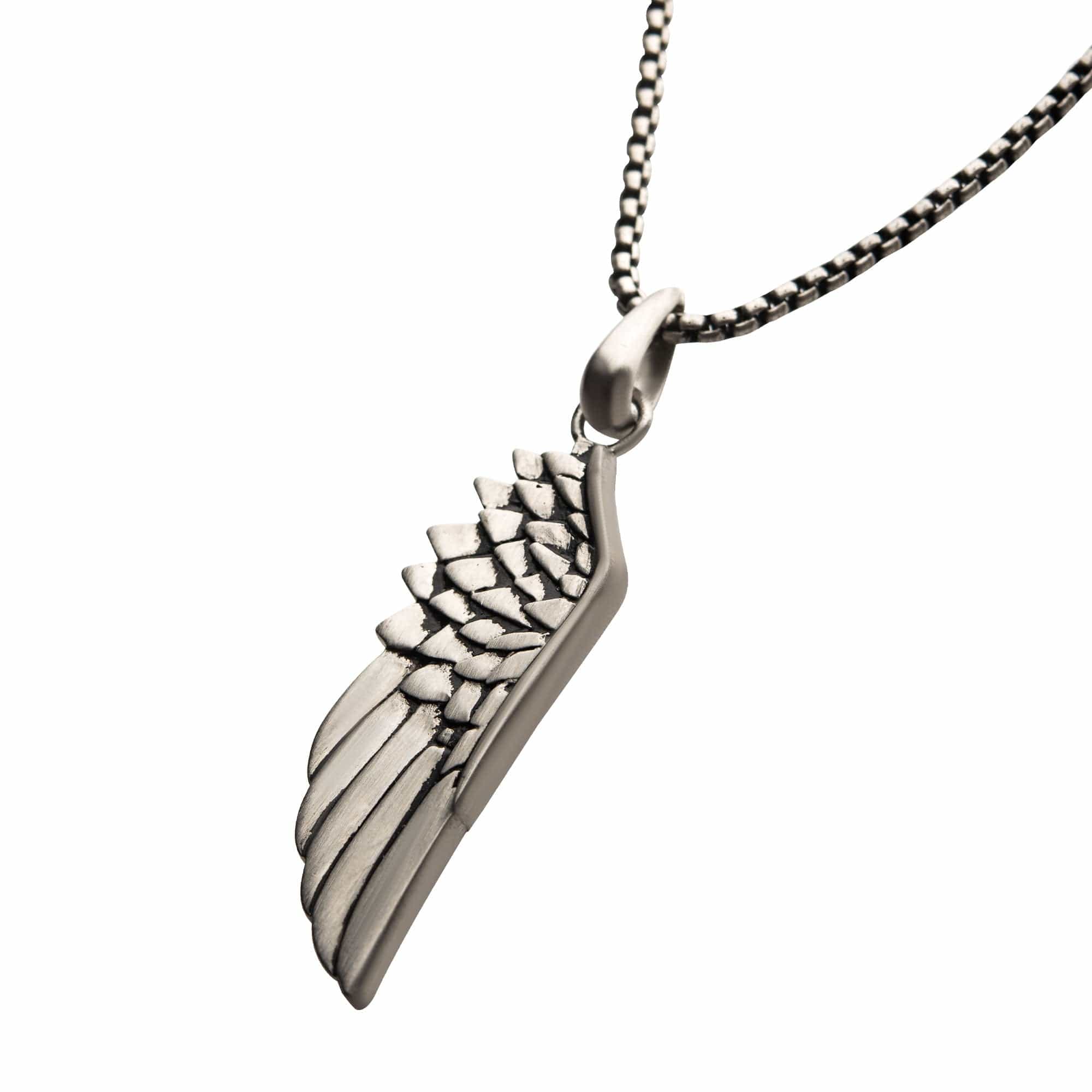 INOX JEWELRY Pendants Antiqued Silver Tone Stainless Steel Oxidized Finish Wing Pendant with Chain SSP22342NK