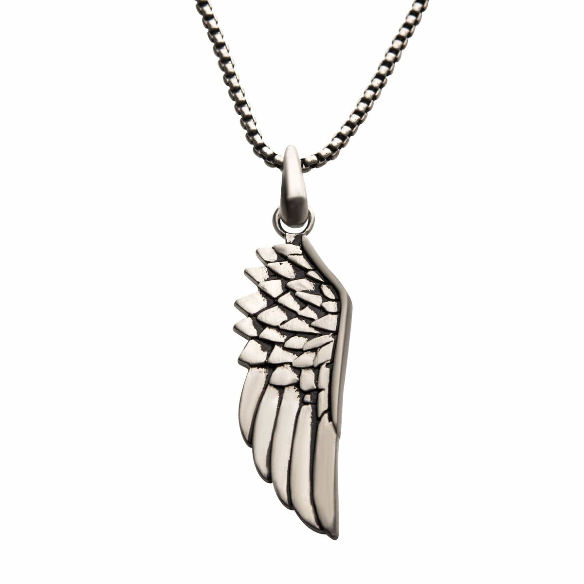 INOX JEWELRY Pendants Antiqued Silver Tone Stainless Steel Oxidized Finish Wing Pendant with Chain SSP22342NK