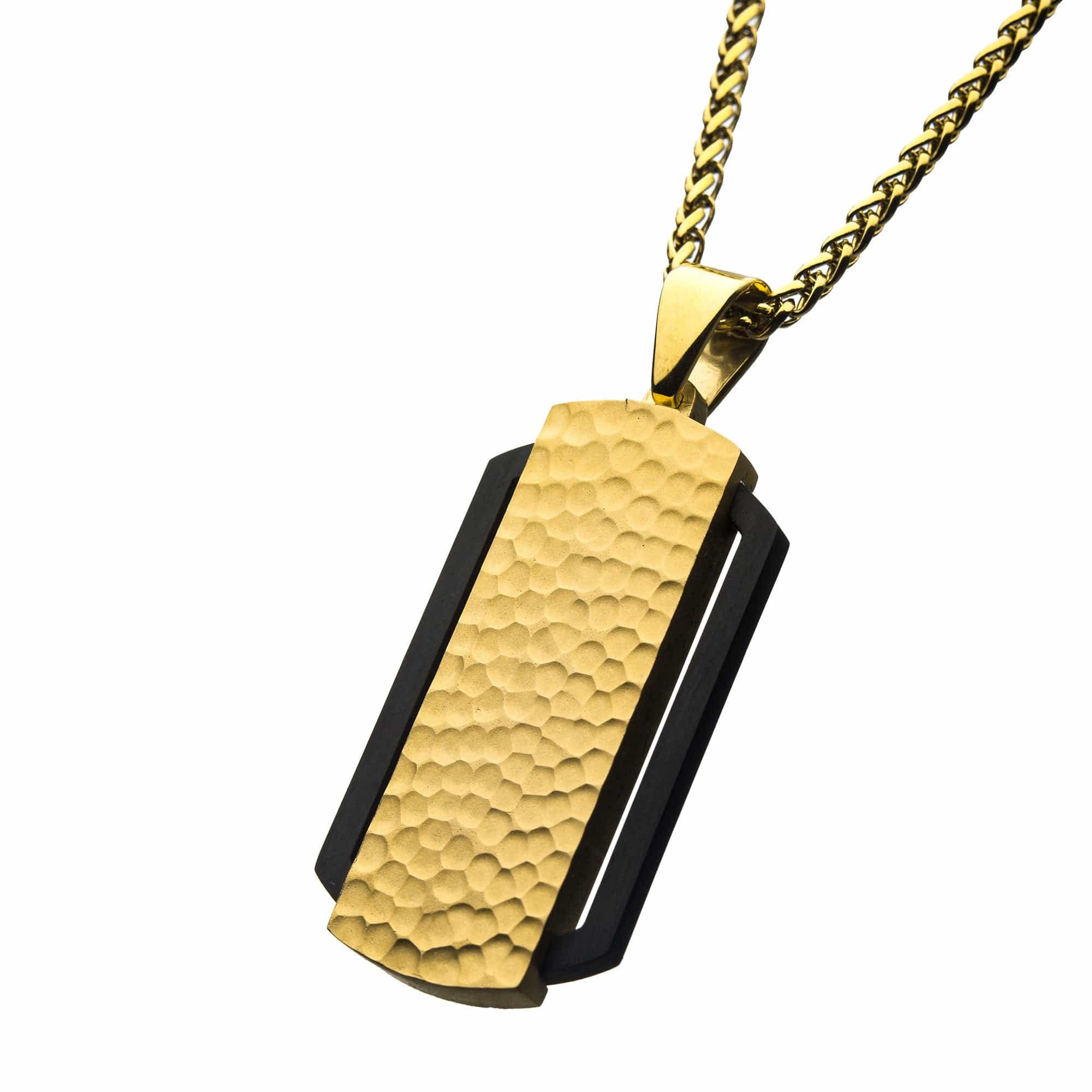 INOX JEWELRY Pendants Black and Gold Stainless Steel Matte Finish Cut-Out Frame and Hammered Design Dog Tag Pendant with Chain SSP224KGPNK1