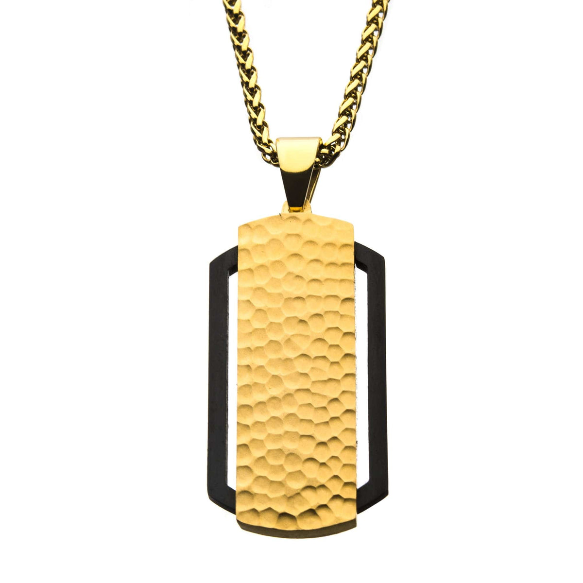 INOX JEWELRY Pendants Black and Gold Stainless Steel Matte Finish Cut-Out Frame and Hammered Design Dog Tag Pendant with Chain SSP224KGPNK1