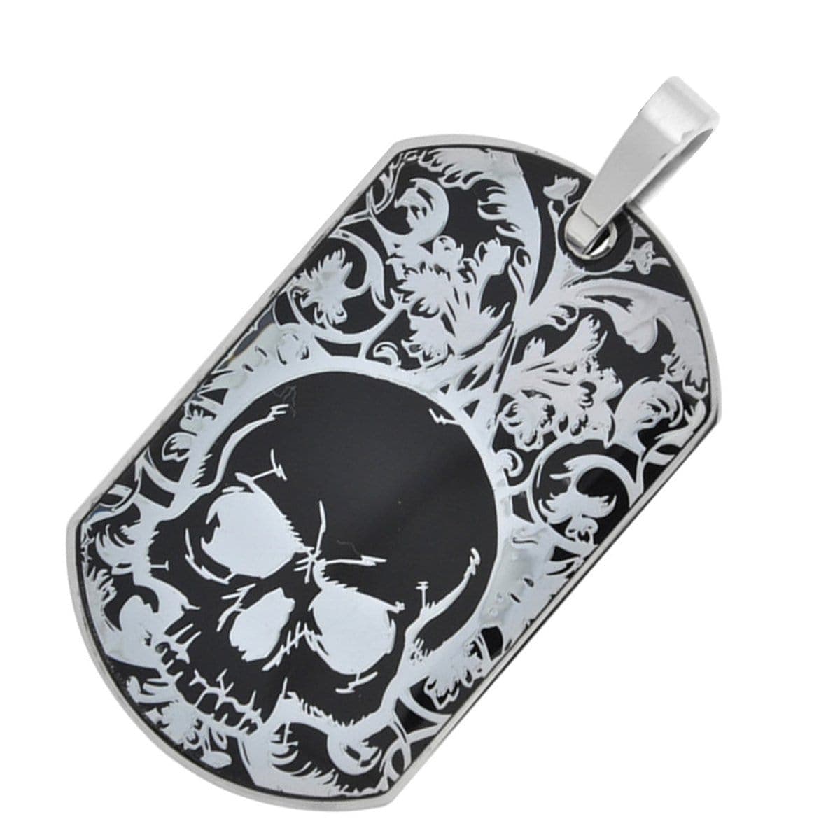 INOX JEWELRY Pendants Stainless Steel Black IP with Skull Design Dog Tag Pendant with Chain SSP7078