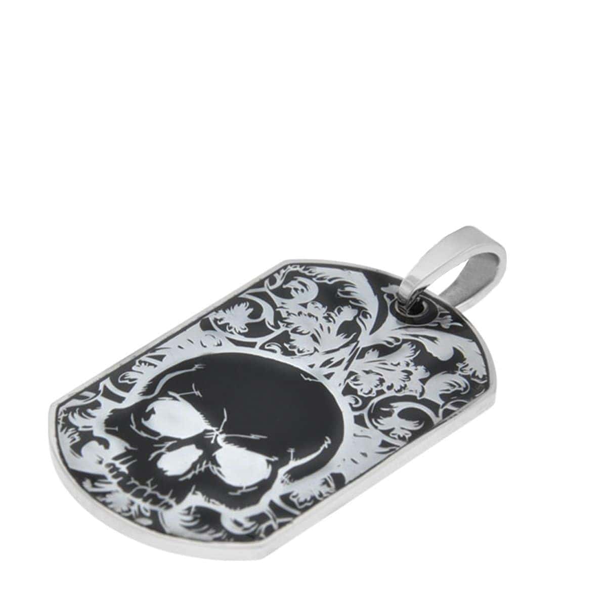 INOX JEWELRY Pendants Stainless Steel Black IP with Skull Design Dog Tag Pendant with Chain SSP7078