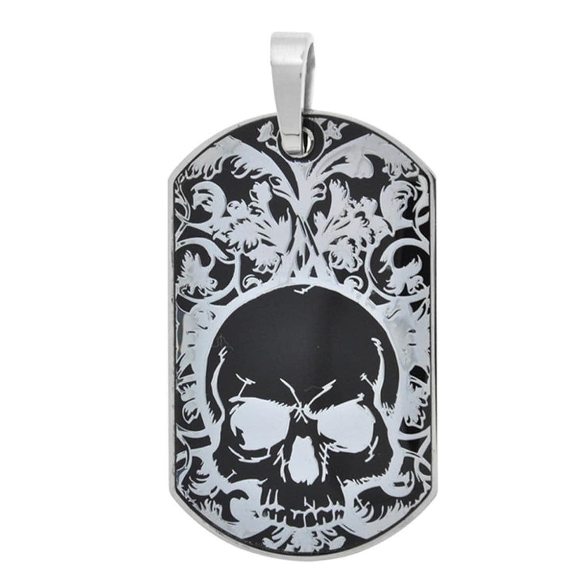 INOX JEWELRY Pendants Stainless Steel Black IP with Skull Design Dog Tag Pendant with Chain SSP7078