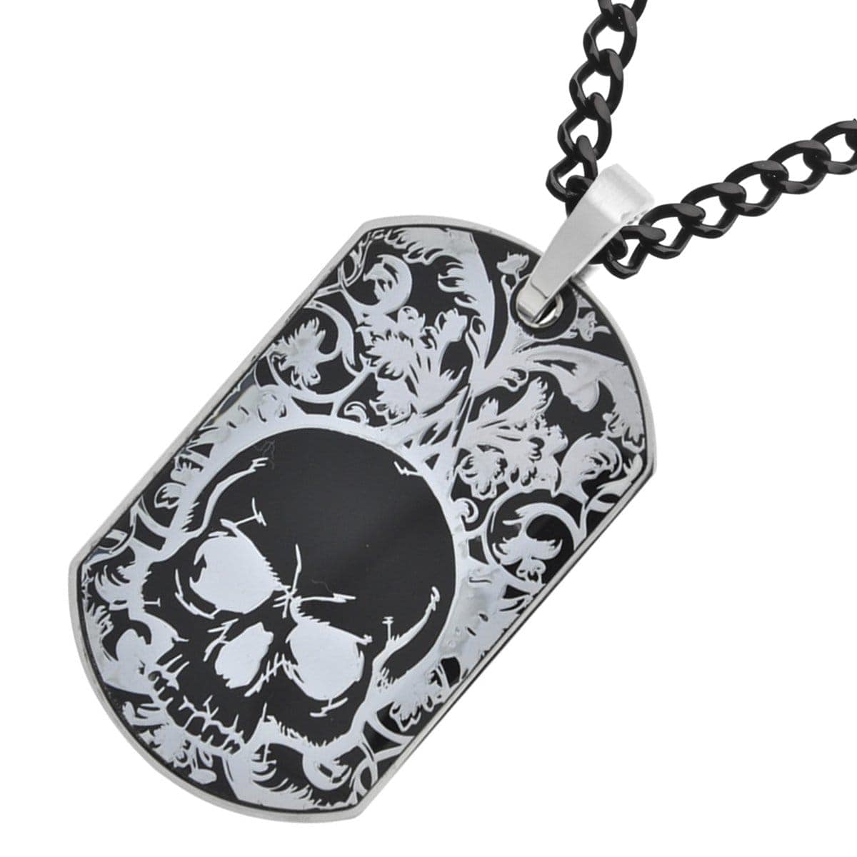 INOX JEWELRY Pendants Stainless Steel Black IP with Skull Design Dog Tag Pendant with Chain SSP7078