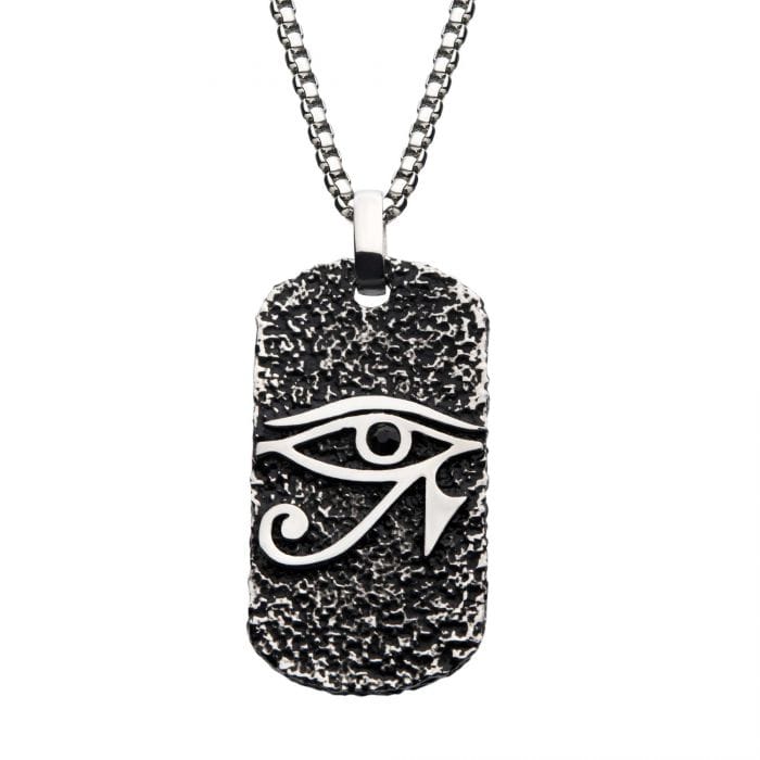 INOX JEWELRY Pendants Black Oxidized Stainless Steel Black CZ Eye of Horus Dog Tag Pendant with Chain SSP22664NK