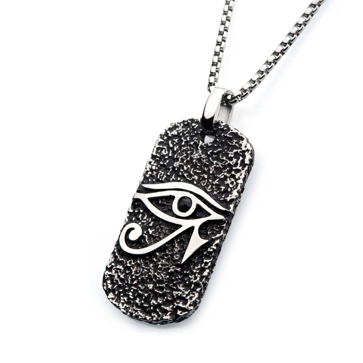 INOX JEWELRY Pendants Black Oxidized Stainless Steel Black CZ Eye of Horus Dog Tag Pendant with Chain SSP22664NK