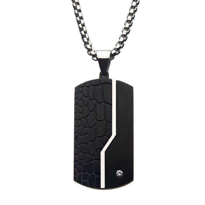 INOX JEWELRY Pendants Black Stainless Steel and CZ Crocodile Print Dog Tag Pendant with Chain SSP207NK1