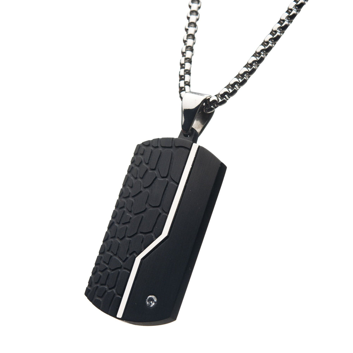 INOX JEWELRY Pendants Black Stainless Steel and CZ Crocodile Print Dog Tag Pendant with Chain SSP207NK1
