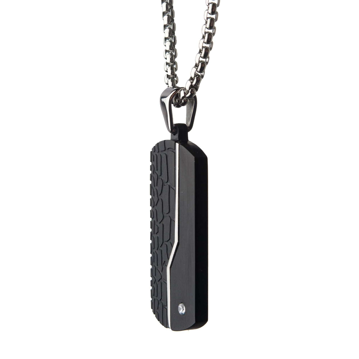 INOX JEWELRY Pendants Black Stainless Steel and CZ Crocodile Print Dog Tag Pendant with Chain SSP207NK1
