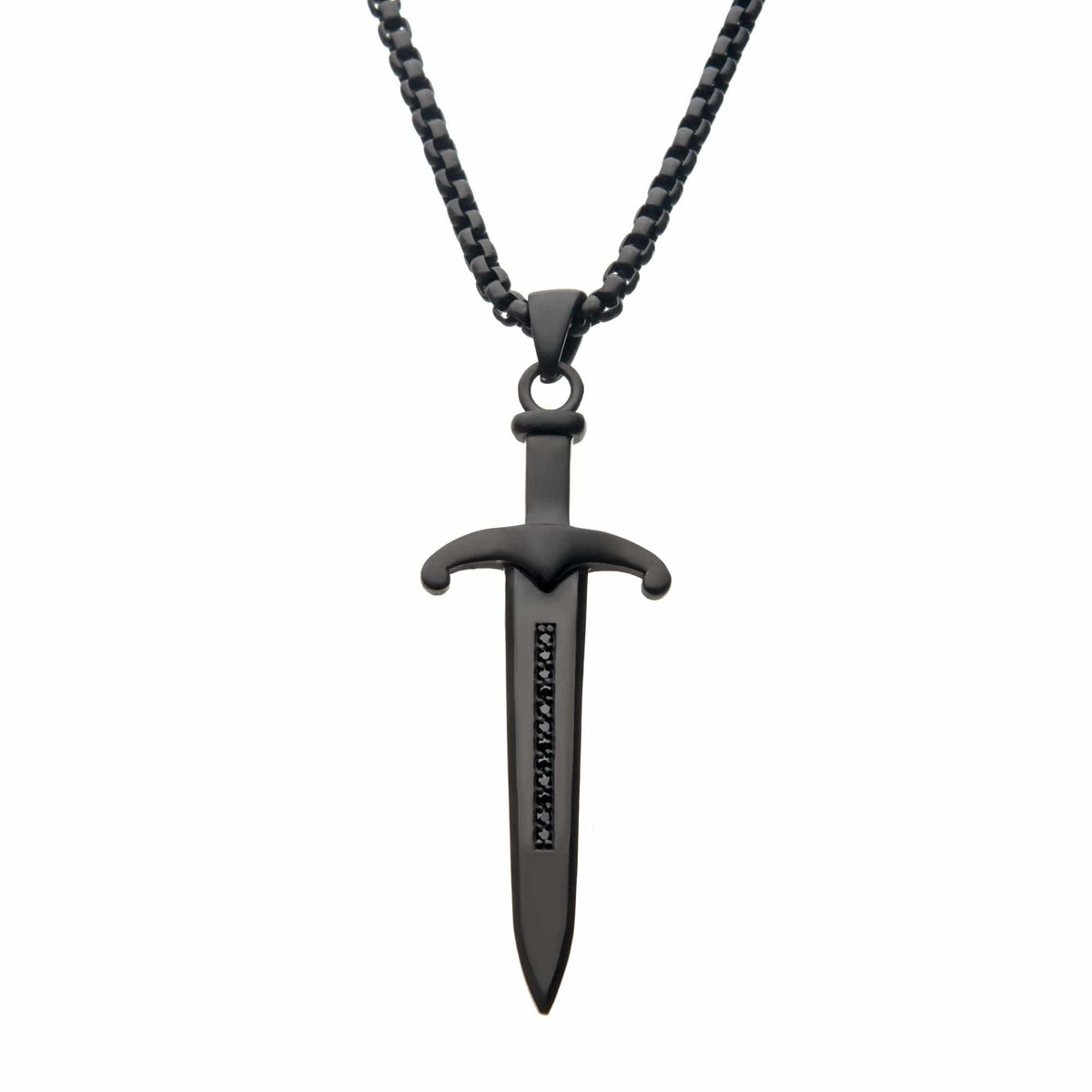 INOX JEWELRY Pendants Black Stainless Steel CZ Celtic Sword Pendant with Chain SSP21796KNK1