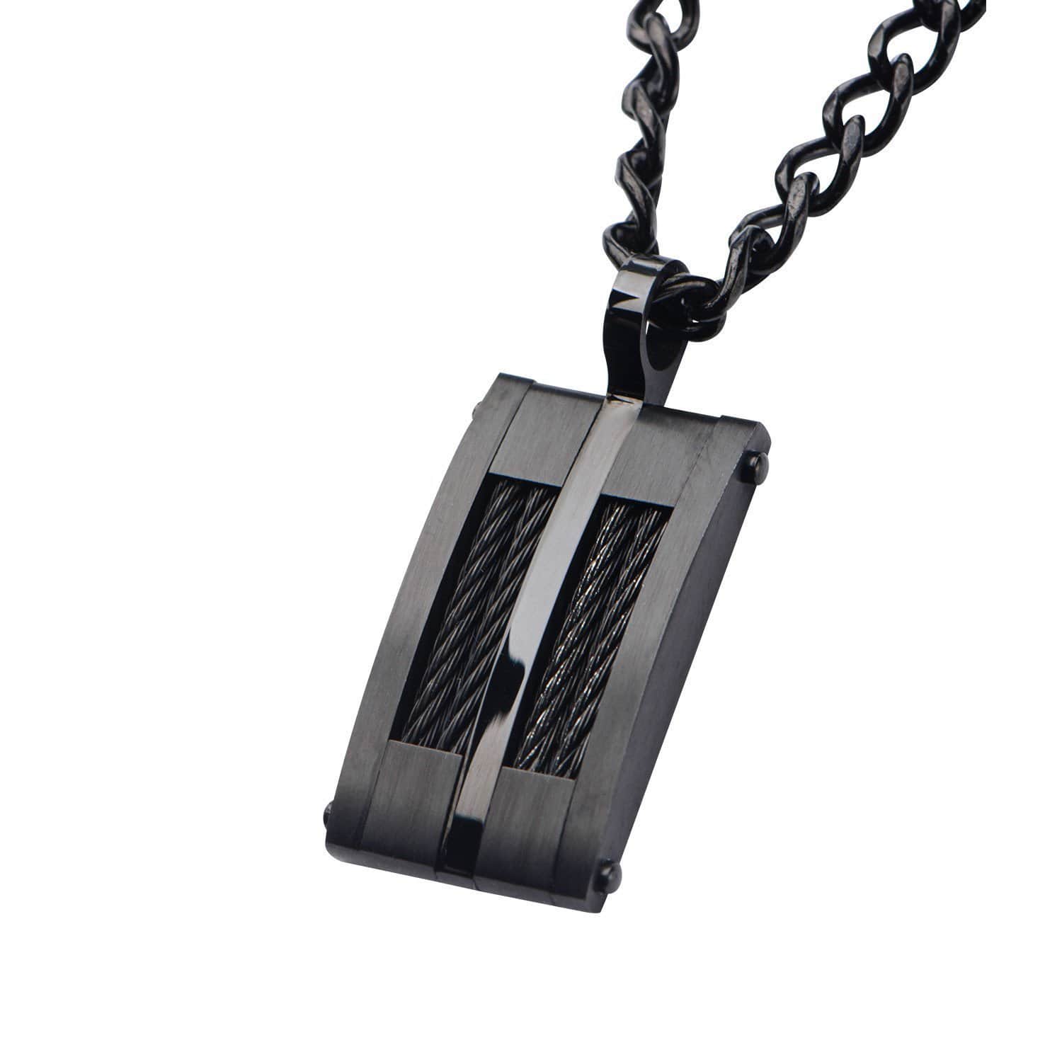 INOX JEWELRY Pendants Black Stainless Steel Inlaid Cable ID Tag SSP17269NK1