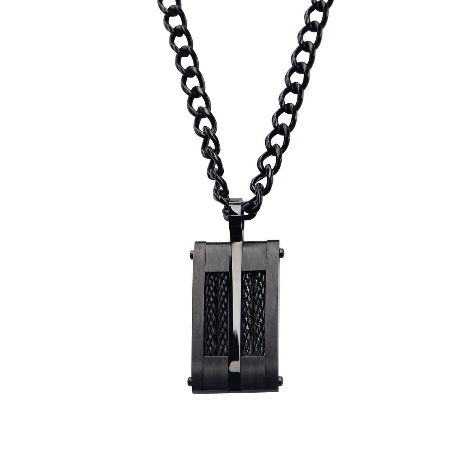 INOX JEWELRY Pendants Black Stainless Steel Inlaid Cable ID Tag SSP17269NK1