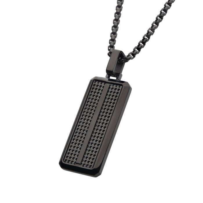 INOX JEWELRY Pendants Black Stainless Steel Polished Finish Sleek Textured ID Tag Pendant with Bold Box Chain SSP39221NKK