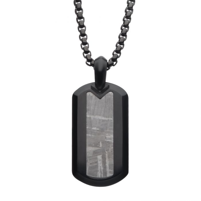INOX JEWELRY Pendants Black Stainless Steel with Meteorite Inlay Tag Pendant and Box Chain SSPMT715NK