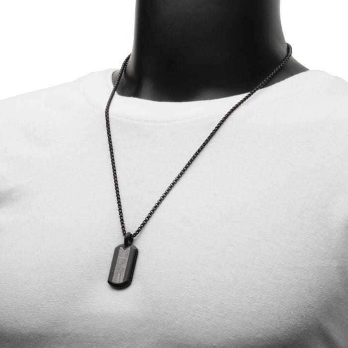 INOX JEWELRY Pendants Black Stainless Steel with Meteorite Inlay Tag Pendant and Box Chain SSPMT715NK